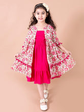 Magenta & White Floral A-Line Cotton Dress with Attached Shrug
