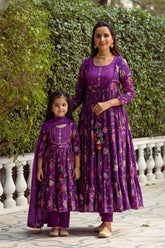 Purple Cotton Floral Print, Thread & Beads Round Anarkali Combo Set