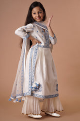 Ivory & Blue cotton embouse printed Sharara Set For Girls