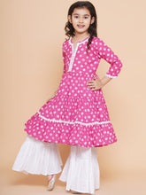 Pink Printed With Cotton Flower Lace Kurta With Sharara