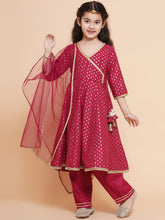 Maroon Ethnic Motifs Printed Angrakha Cotton Kurta With Trouser & Dupatta