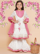 Girls white Ethnic Motifs Printed Round-Neck Kurta Sharara set With Dupatta
