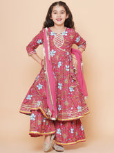 Peach Floral Printed Angrakha Gotta Patti Kurta & Sharara set With Dupatta