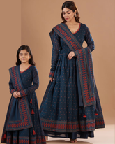 Blue Cotton Printed Anarkali Combo set