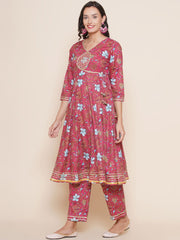 Floral Printed Angrakha Anarkali Kurta & Trousers With Dupatta