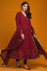 MAROON EMBROIDERED SLAB COTTON SUIT SET