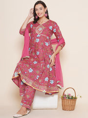 Floral Printed Angrakha Anarkali Kurta & Trousers With Dupatta