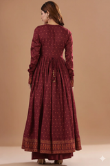 Maroon Cotton Printed Anarkali Set