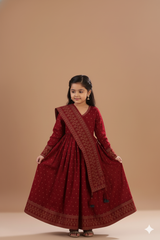 Maroon Cotton Printed Anarkali Combo set