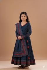Blue Cotton Printed Anarkali Combo set