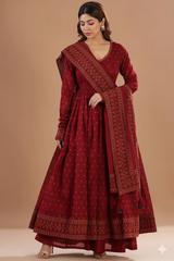Maroon Cotton Printed Anarkali Combo set