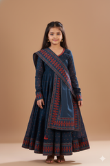 Blue Cotton Printed Anarkali
