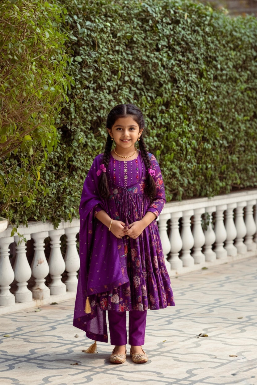 Purple Cotton Floral Print, Thread & Beads Round Anarkali Set
