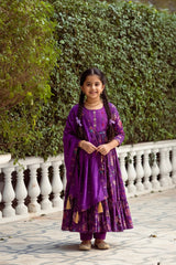 Purple Cotton Floral Print, Thread & Beads Round Anarkali Set