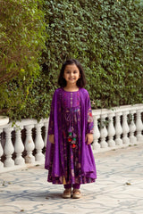 Purple Cotton Floral Print, Thread & Beads Round Anarkali Set