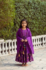 Purple Cotton Floral Print, Thread & Beads Round Anarkali Set