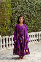 Purple Cotton Floral Print, Thread & Beads Round Anarkali Set