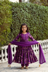 Purple Cotton Floral Print, Thread & Beads Round Anarkali Set