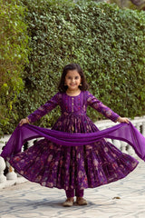 Purple Cotton Floral Print, Thread & Beads Round Anarkali Set