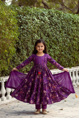 Purple Cotton Floral Print, Thread & Beads Round Anarkali Set