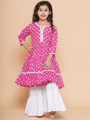 Pink Printed With Cotton Flower Lace Kurta With Sharara