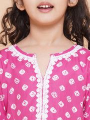 Pink Printed With Cotton Flower Lace Kurta With Sharara