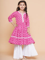 Pink Printed With Cotton Flower Lace Kurta With Sharara