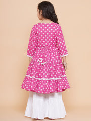 Pink Printed With Cotton Flower Lace Kurta With Sharara