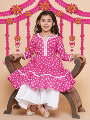 Pink Printed With Cotton Flower Lace Kurta With Sharara