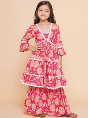 Pink Floral printed Tiered style kurta
