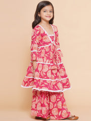 Pink Floral printed Tiered style kurta
