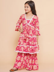 Pink Floral printed Tiered style kurta