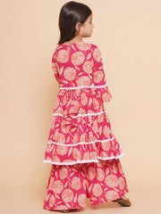 Pink Floral printed Tiered style kurta