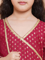 Maroon Ethnic Motifs Printed Angrakha Cotton Kurta With Trouser & Dupatta