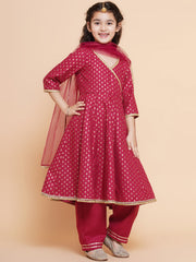 Maroon Ethnic Motifs Printed Angrakha Cotton Kurta With Trouser & Dupatta