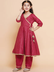 Maroon Ethnic Motifs Printed Angrakha Cotton Kurta With Trouser & Dupatta