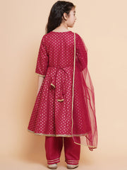 Maroon Ethnic Motifs Printed Angrakha Cotton Kurta With Trouser & Dupatta