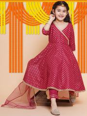 Maroon Ethnic Motifs Printed Angrakha Cotton Kurta With Trouser & Dupatta
