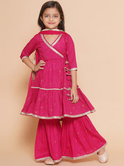pink Ethnic Printed Angrakha Gotta Patti Kurta with Sharara & Dupatta