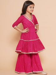 pink Ethnic Printed Angrakha Gotta Patti Kurta with Sharara & Dupatta