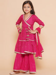 pink Ethnic Printed Angrakha Gotta Patti Kurta with Sharara & Dupatta
