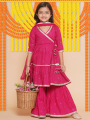 pink Ethnic Printed Angrakha Gotta Patti Kurta with Sharara & Dupatta