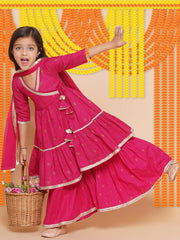 pink Ethnic Printed Angrakha Gotta Patti Kurta with Sharara & Dupatta