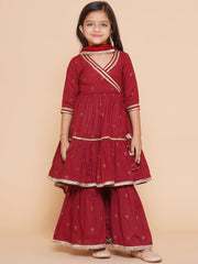 Maroon Ethnic Printed Angrakha Gotta Patti Kurta Sharara & Dupatta