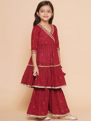 Maroon Ethnic Printed Angrakha Gotta Patti Kurta Sharara & Dupatta