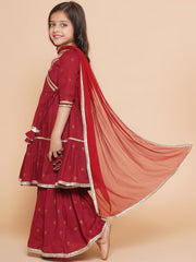 Maroon Ethnic Printed Angrakha Gotta Patti Kurta Sharara & Dupatta