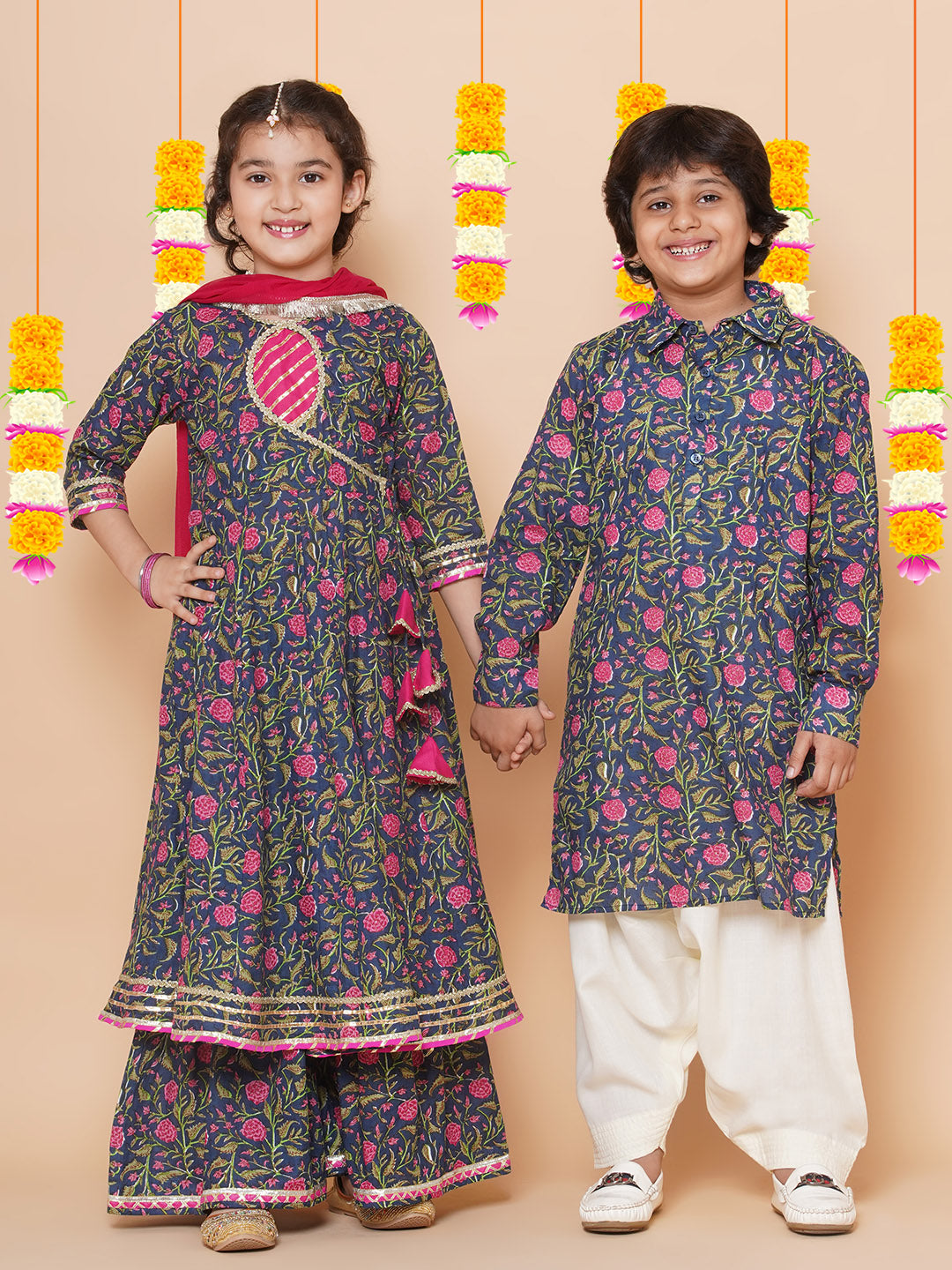 Blue Floral Printed Angrakha Gotta Patti Kurta Sharara set With Dupatta
