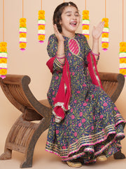Blue Floral Printed Angrakha Gotta Patti Kurta Sharara set With Dupatta