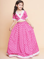 Pink Bandhani Printed Lace Work Choli With Lehenga.