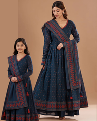 Blue Cotton Printed Anarkali Combo set